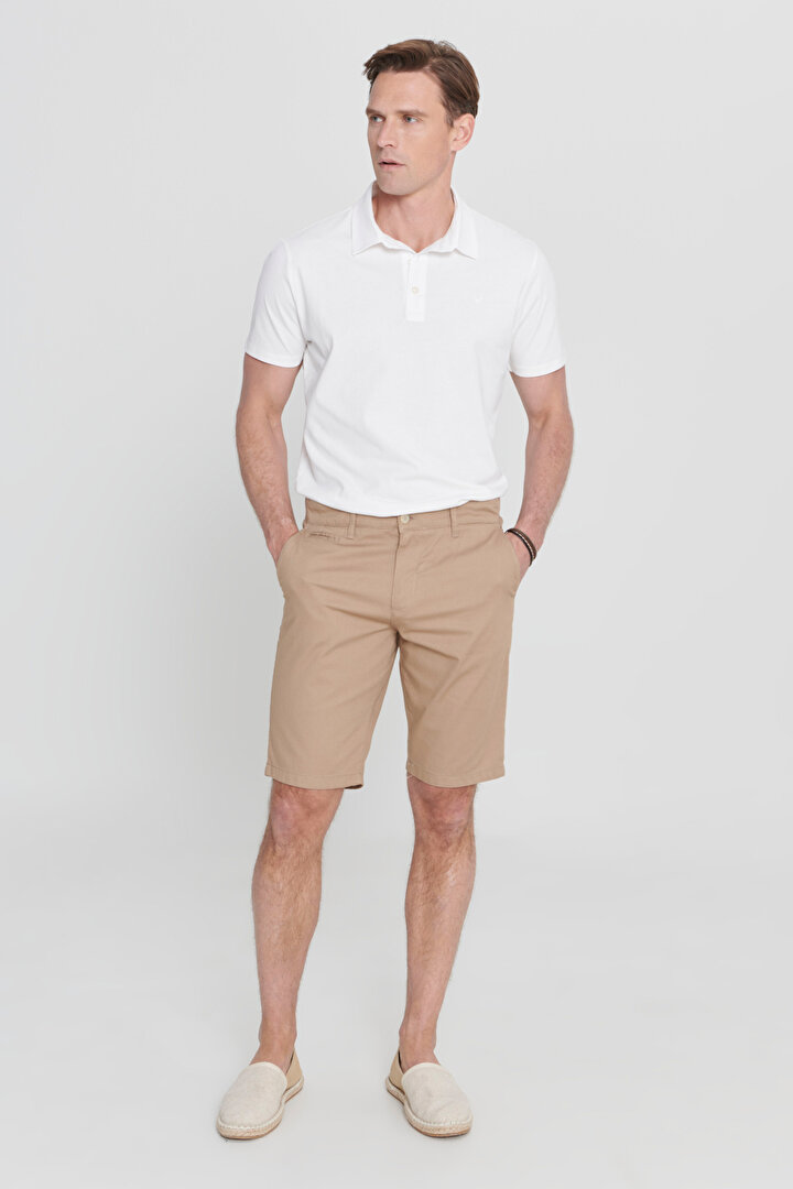Slim Fit Dar Kesim Pamuklu Yan Cepli Armürlü Vizon Şort - 1