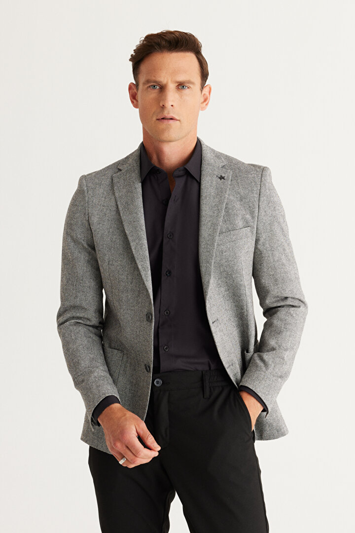 Slim Fit Dar Kesim Mono Yaka Yünlü Gri Ceket -1