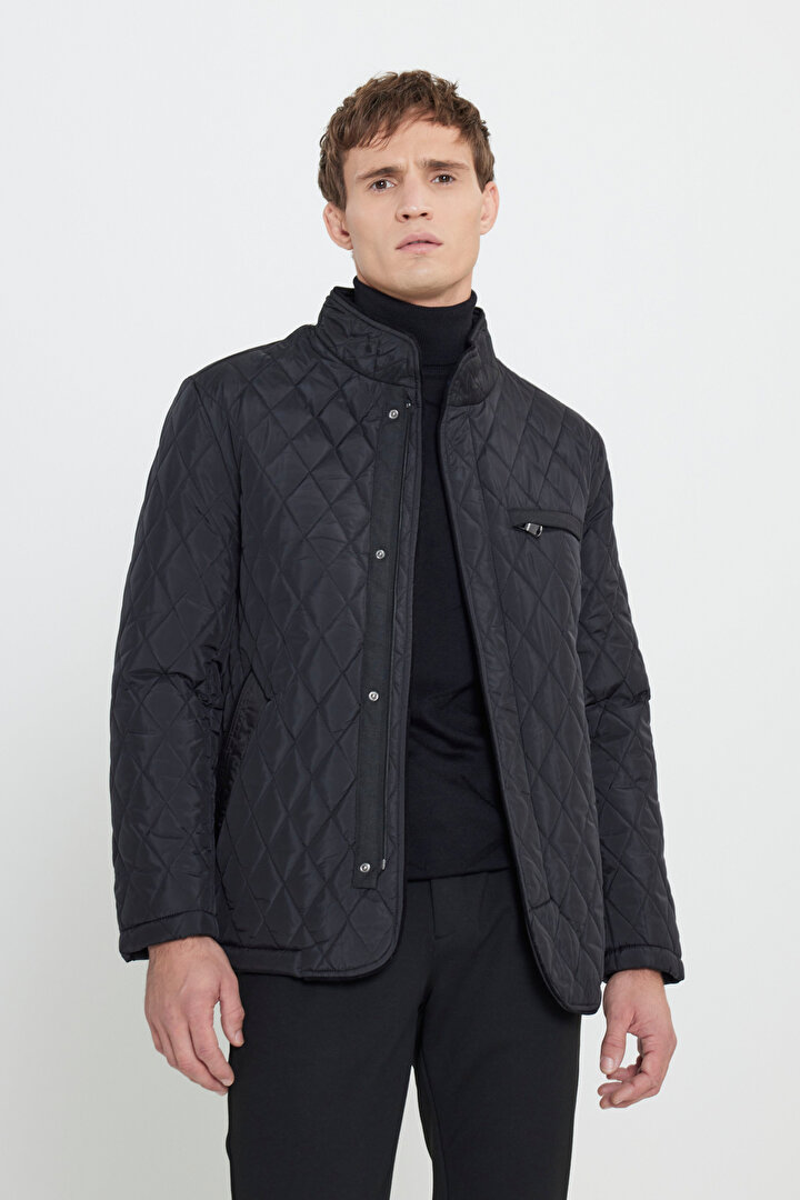 Standart Fit Nomral Kesim Desenli Overcoat Siyah Overcoat Mont -1