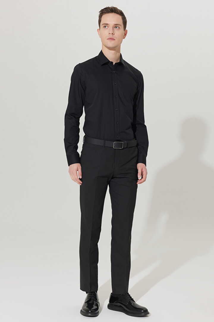 Ütü Gerektirmeyen Non-Iron Taılored Slim Fit Dar Kesim %100 Pamuk Siyah Gömlek - 1