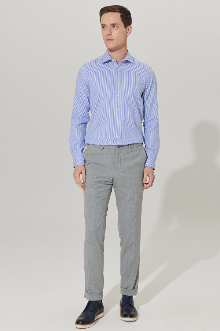 Ütü Gerektirmeyen Taılored Slim Fit Klasik Yaka %100 Pamuk Desenli Non-Iron Beyaz-Mavi Gömlek -1