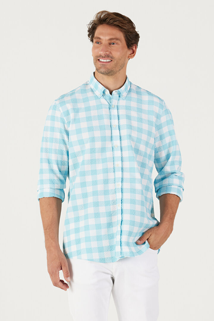 Slim Fit Dar Kesim Düğmeli Yaka Gofre Desenli Beyaz Mint Gömlek -1