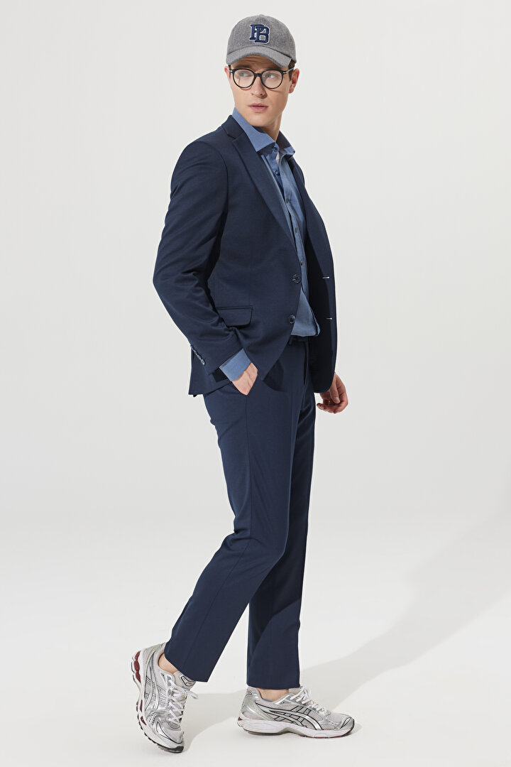 Slim Fit Dar Kesim Mono Yaka Örme Lacivert Takım Elbise -1