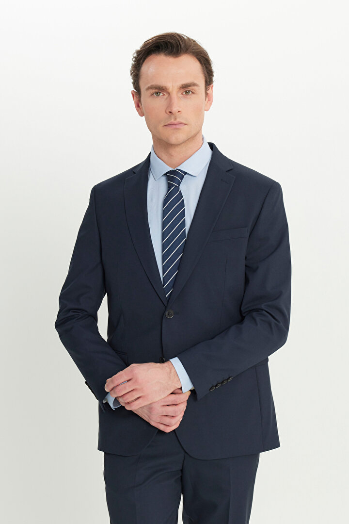 Slim Fit Dar Kesim Mono Yaka Kapak Cep Esnek Lacivert Takım Elbise -1