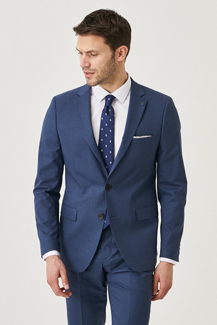 Ekstra Slim Fit Dar Kesim Mono Yaka Kareli Yünlü Lacivert-Kahverengi Takım Elbise -1