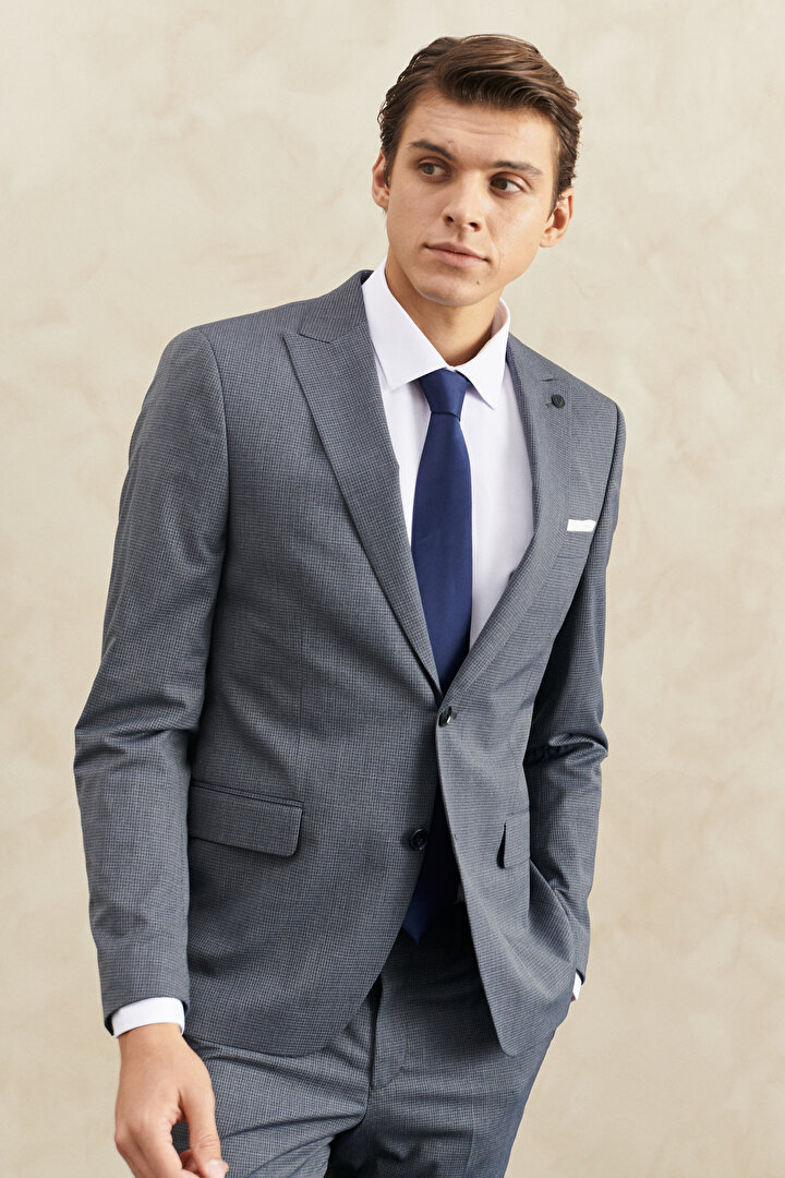 Ekstra Slim Fit Dar Kesim Kırlangıç Yaka Kareli Lacivert-Gri Takım Elbise -1