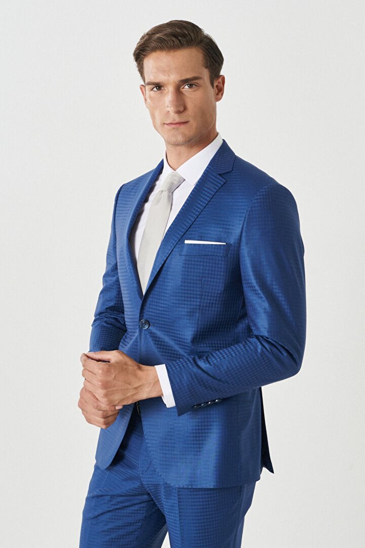 Ekstra Slim Fit Dar Kesim Mono Yaka Kareli Klasik Mavi Takım Elbise -1