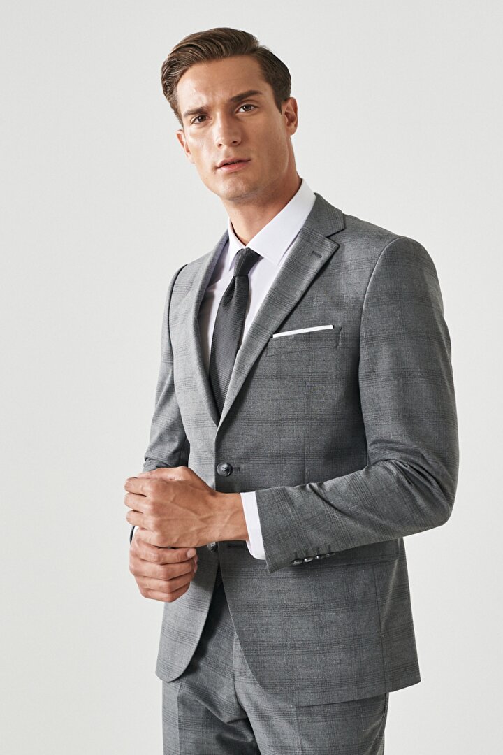 Ekstra Slim Fit Dar Kesim Mono Yaka Kareli Klasik Gri Takım Elbise - 1