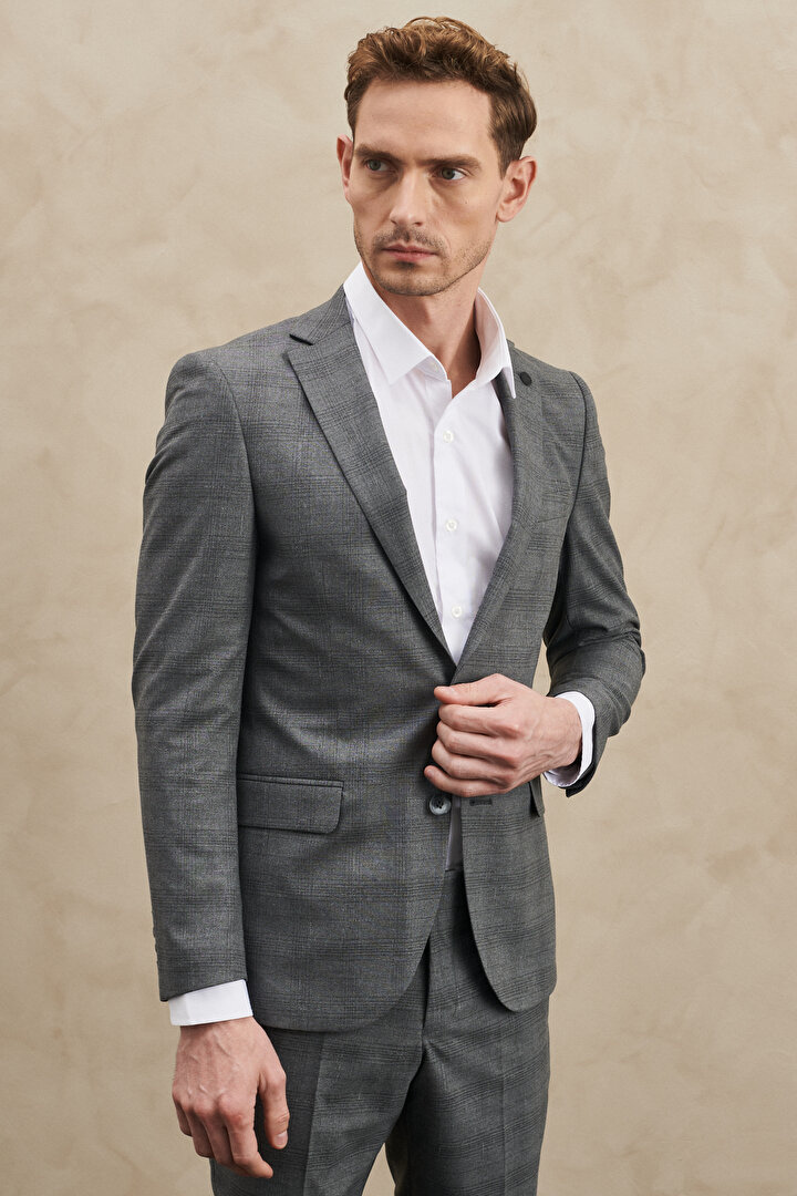 Ekstra Slim Fit Dar Kesim Mono Yaka Kareli Gri Takım Elbise - 1