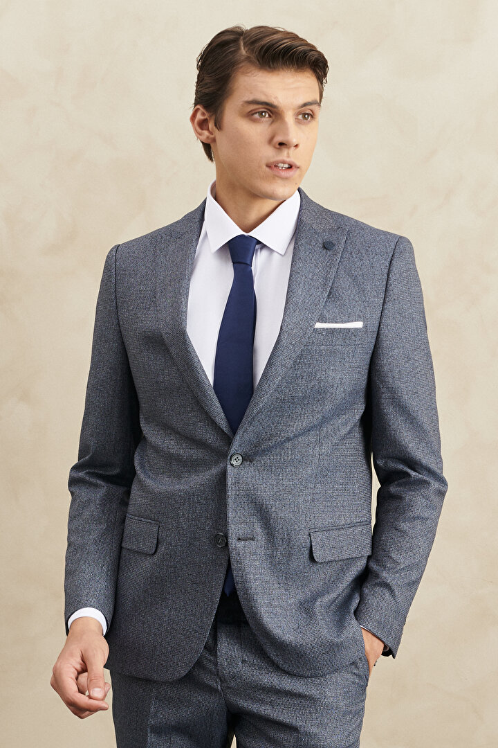 Ekstra Slim Fit Dar Kesim Kırlangıç Yaka Desenli Lacivert Takım Elbise -1