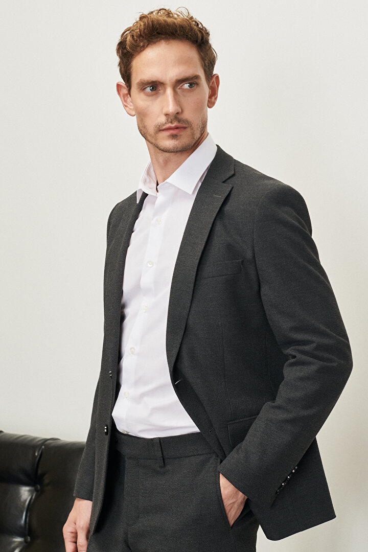 Slim Fit Dar Kesim Kırlangıç Yaka Desenli Antrasit Takım Elbise -1