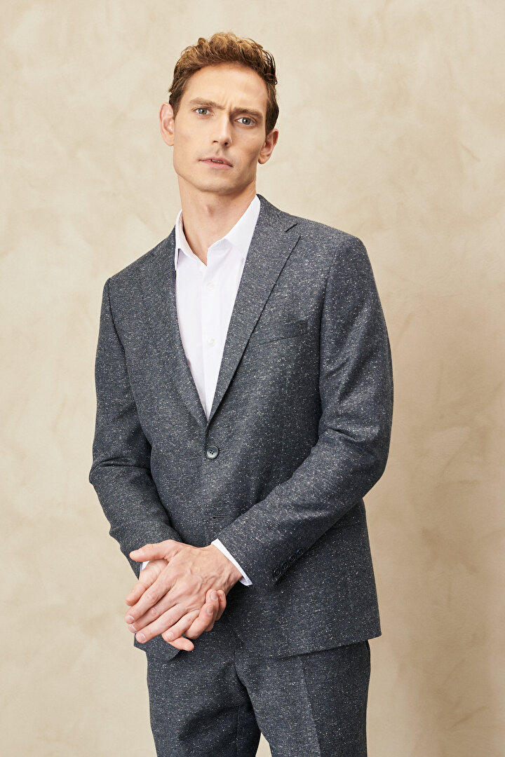 Slim Fit Dar Kesim Mono Yaka Tweet Desenli Yünlü Antrasit Takım Elbise - 1