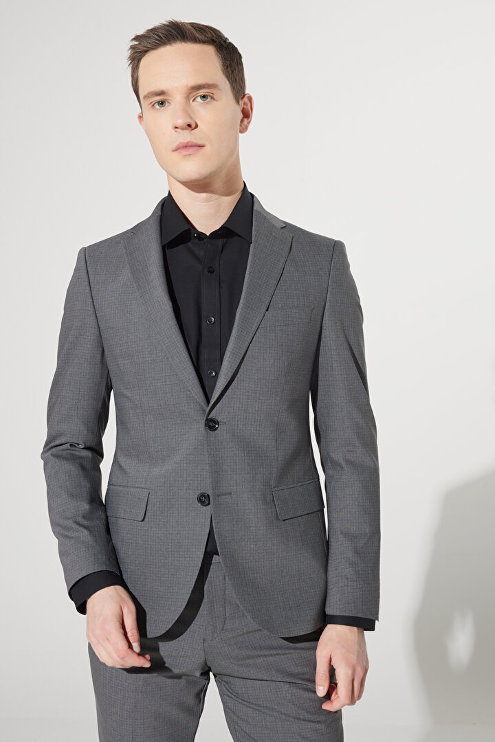 Ekstra Slim Fit Dar Kesim Mono Yaka Yünlü Kareli Gri Takım Elbise -1