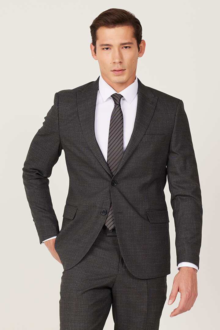Ekstra Slim Fit Normal Kesim Kırlangıç Yaka Desenli Antrasit Takım Elbise -1