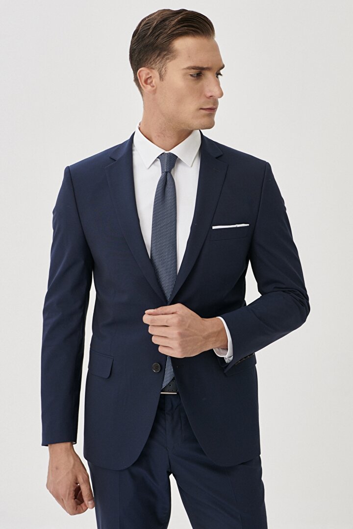 Slim Fit Dar Kesim Mono Yaka Lacivert Takım Elbise -1