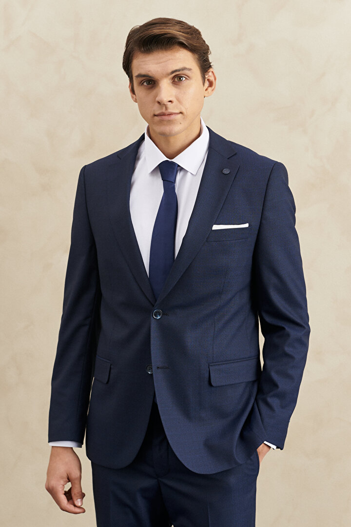 Slim Fit Dar Kesim Mono Yaka Çizgili Lacivert Takım Elbise - 1