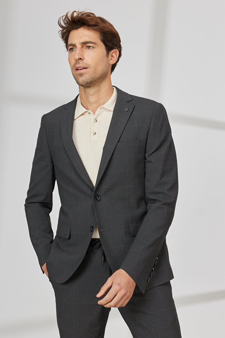 Slim Fit Dar Kesim Mono Yaka Gofre Desenli Antrasit-Kahverengi Takım Elbise -1