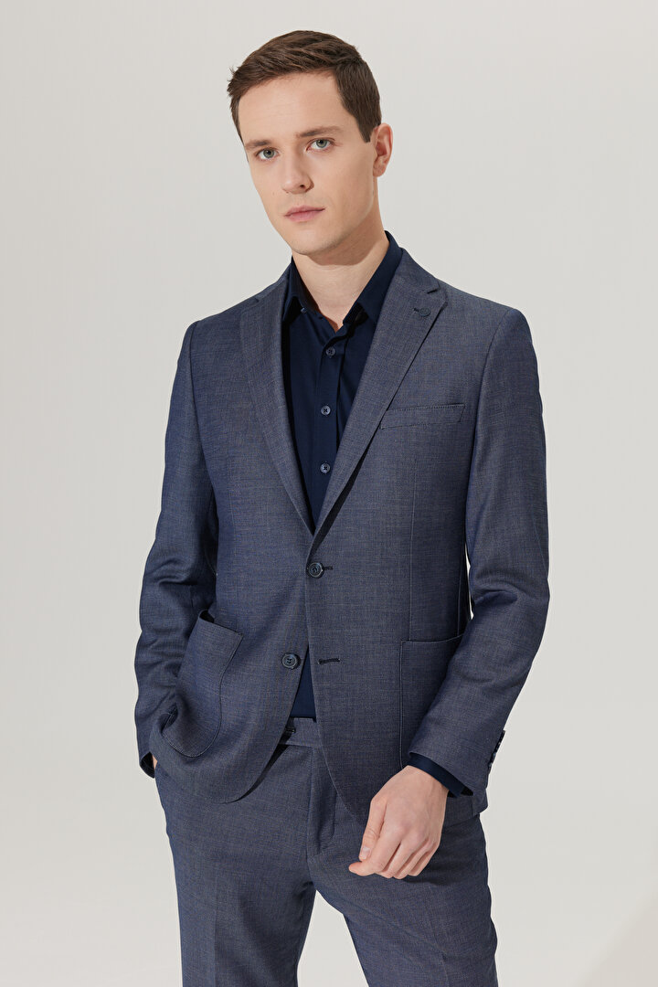 Slim Fit Dar Kesim Mono Yaka Armürlü Lacivert Takım Elbise - 1