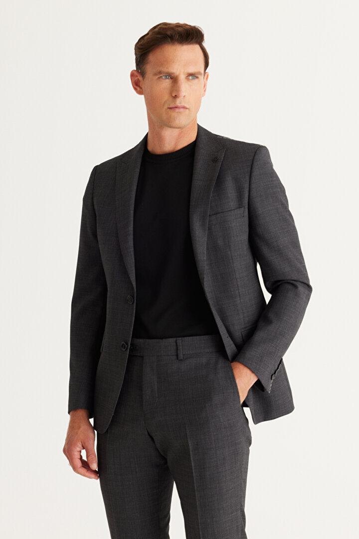 Slim Fit Dar Kesim Kırlangıç Yaka Cordura Kumaş Desenli Yünlü Antrasit Takım Elbise - 1