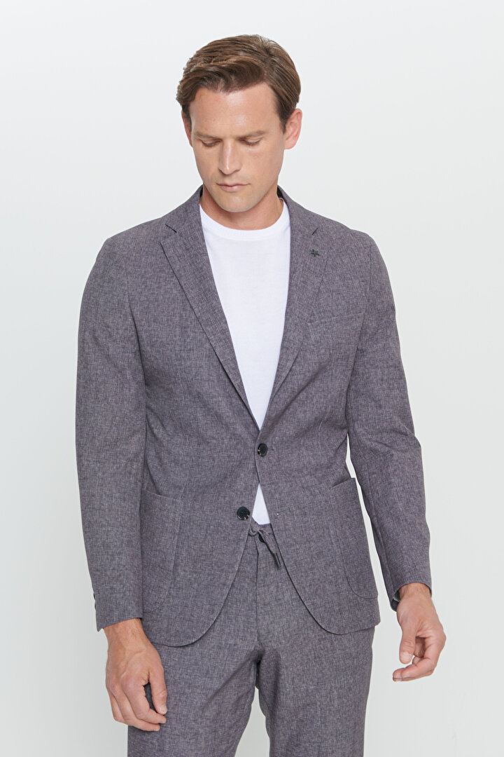 Slim Fit Dar Kesim Mono Yaka Seyahat Çantalı Desenli Siyah-Füme Takım Elbise - 1
