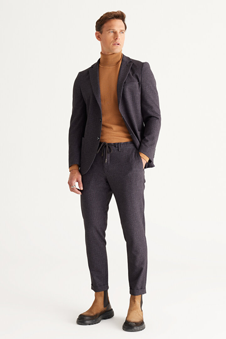 Slim Fit Dar Kesim Mono Yaka Çizgili Antrasit-Kahverengi Takım Elbise - 1