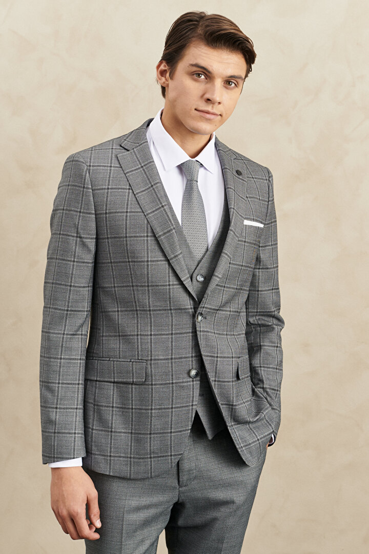 Slim Fit Dar Kesim Mono Yaka Kareli Gri Yelekli Takım Elbise -1