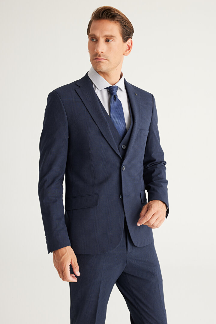Recycle Slim Fit Dar Kesim Mono Yaka Kareli Yelekli Koyu Lacivert Yelekli Takım Elbise -1