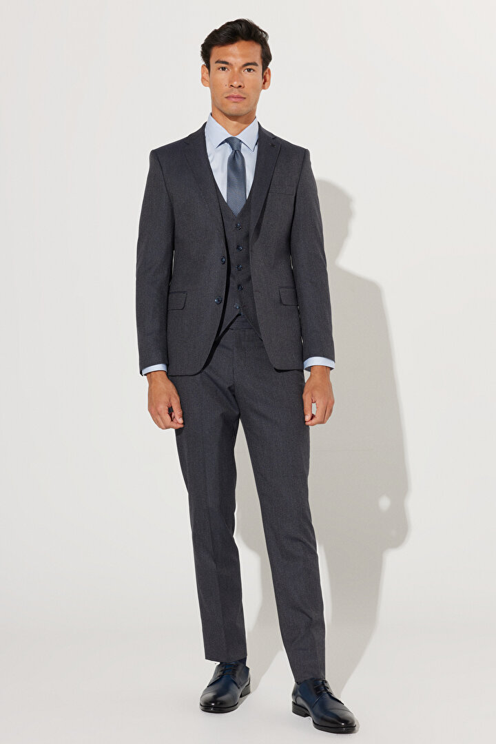 Slim Fit Dar Kesim Mono Yaka Desenli Yünlü Yelekli Lacivert-Gri Yelekli Takım Elbise - 1
