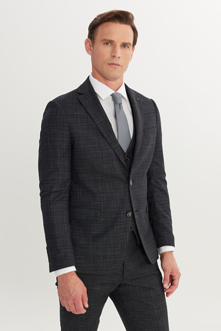 Slim Fit Dar Kesim Mono Yaka Desenli Esnek Kapak Cepli Yelekli Siyah-Gri Yelekli Takım Elbise -1