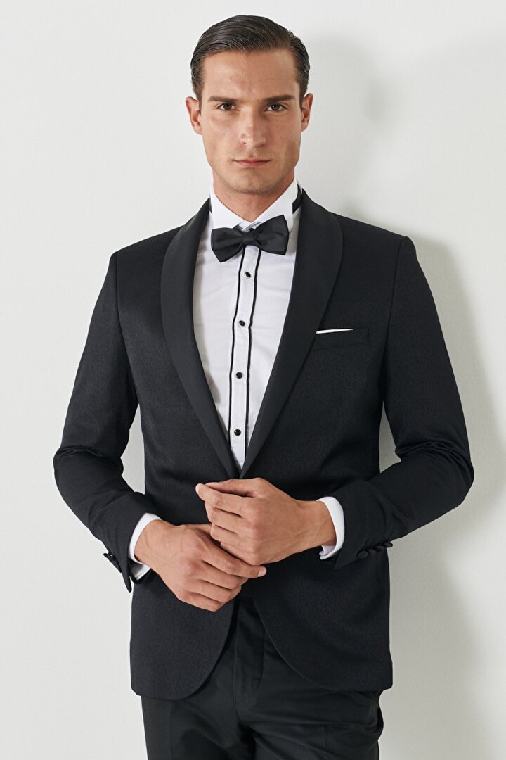 Slim Fit Dar Kesim Mono Yaka Desenli Siyah Smokin Takım -1