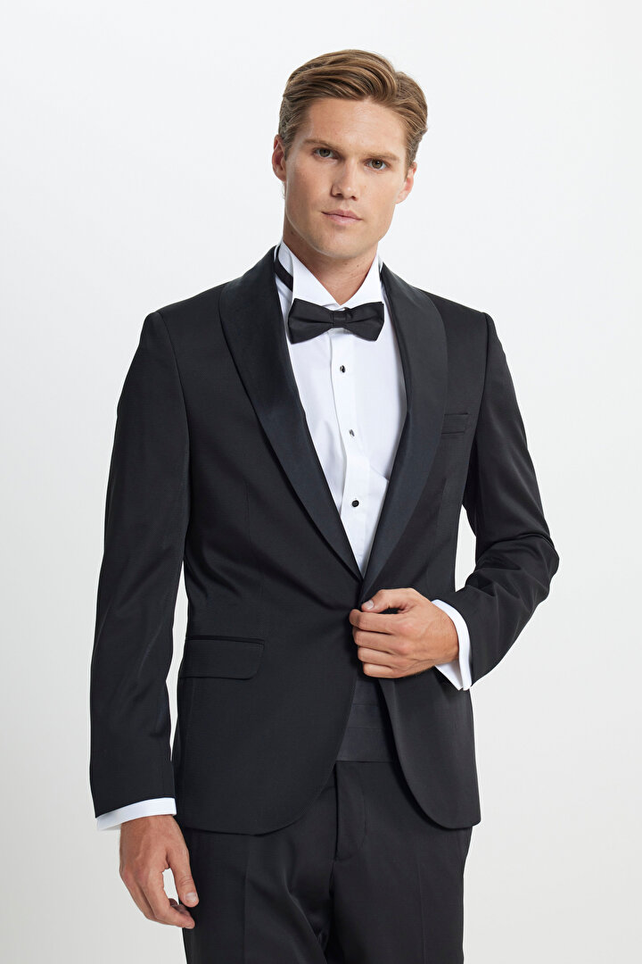Ekstra Slim Fit Dar Kesim Kırlangıç Yaka Desenli Siyah Smokin Takım -1