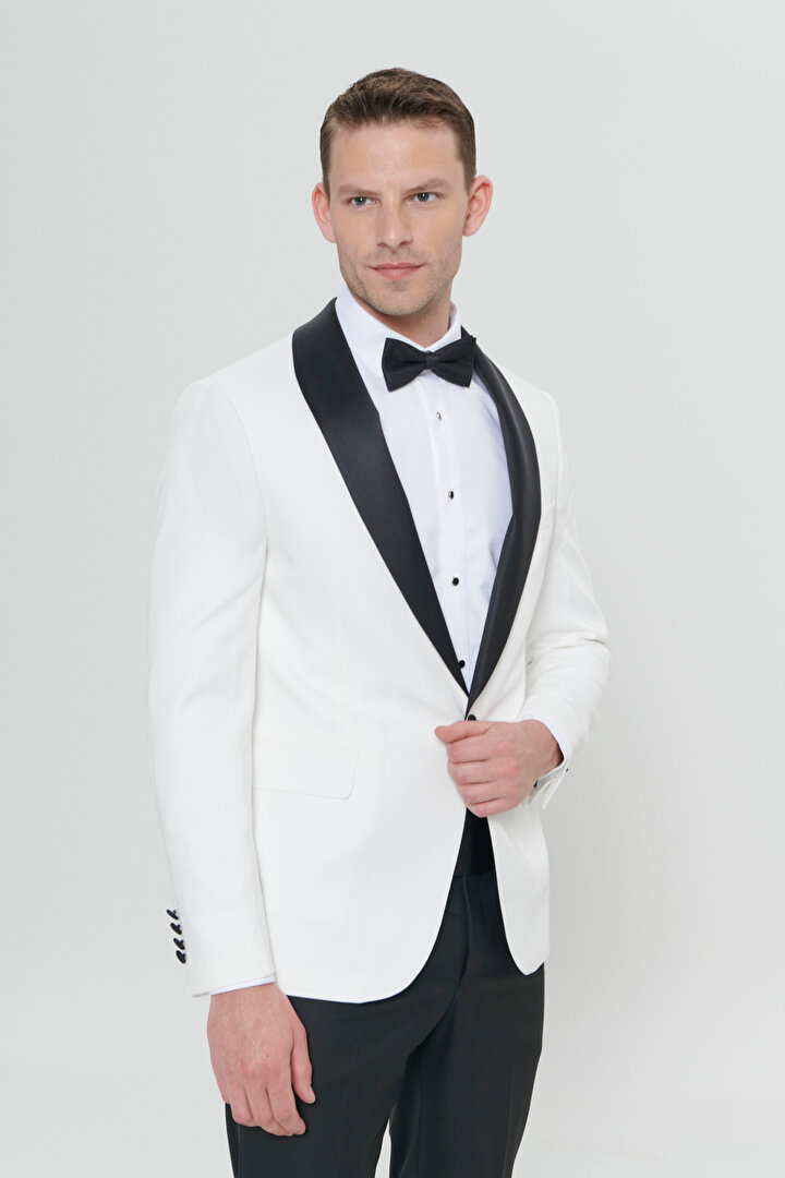 Slim Fit Dar Kesim Şal Yaka Armürlü Beyaz-Siyah Smokin Takım -1
