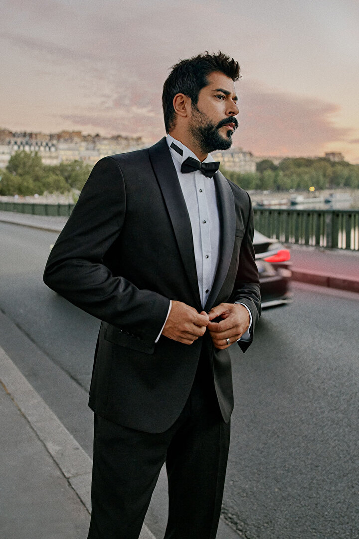 Slim Fit Dar Kesim Şal Yaka Armürlü Siyah Smokin Takım -1