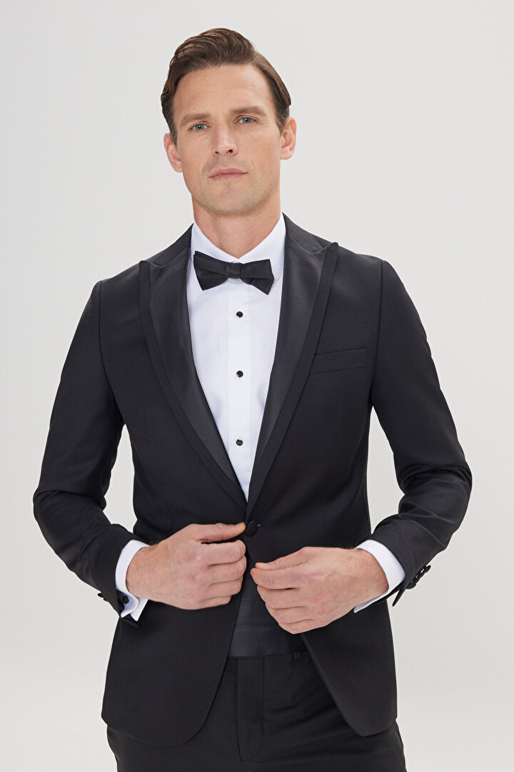 Slim Fit Dar Kesim Kırlangıç Yaka %100 Yün Siyah Smokin Takım -1