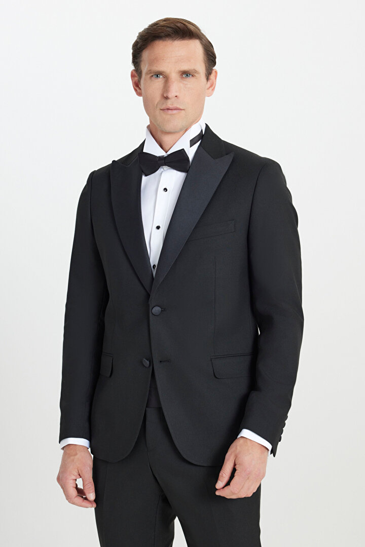 Slim Fit Dar Kesim Kırlangıç Yaka Kapak Cepli Esnek Siyah Smokin Takım -1