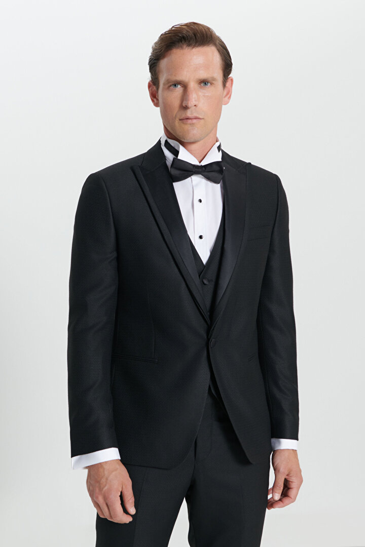 Slim Fit Dar Kesim Kırlangıç Yaka Desenli Klasik Siyah Smokin Takım -1