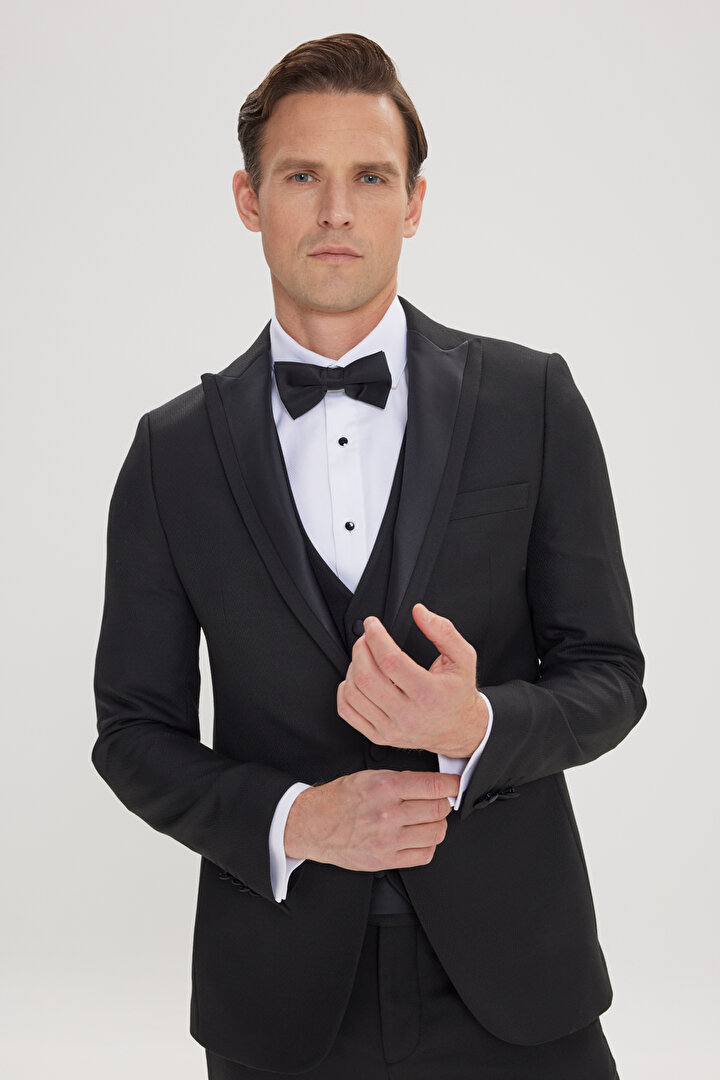Slim Fit Dar Kesim Kırlangıç Yaka Balıksırtı Desenli Siyah Smokin Takım -1