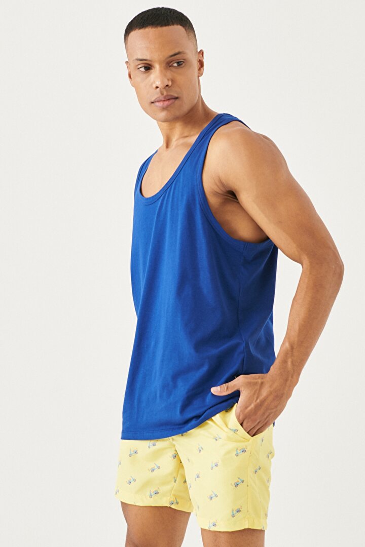 Slim Fit Dar Kesim Pamuklu Geniş Yaka Spor Açık Lacivert Tişört -1