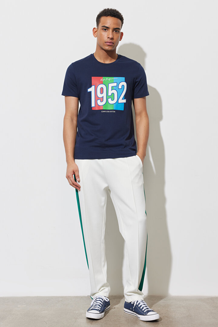 Slim Fit Dar Kesim Bisiklet Yaka %100 Pamuk Baskılı İndigo Tişört -1