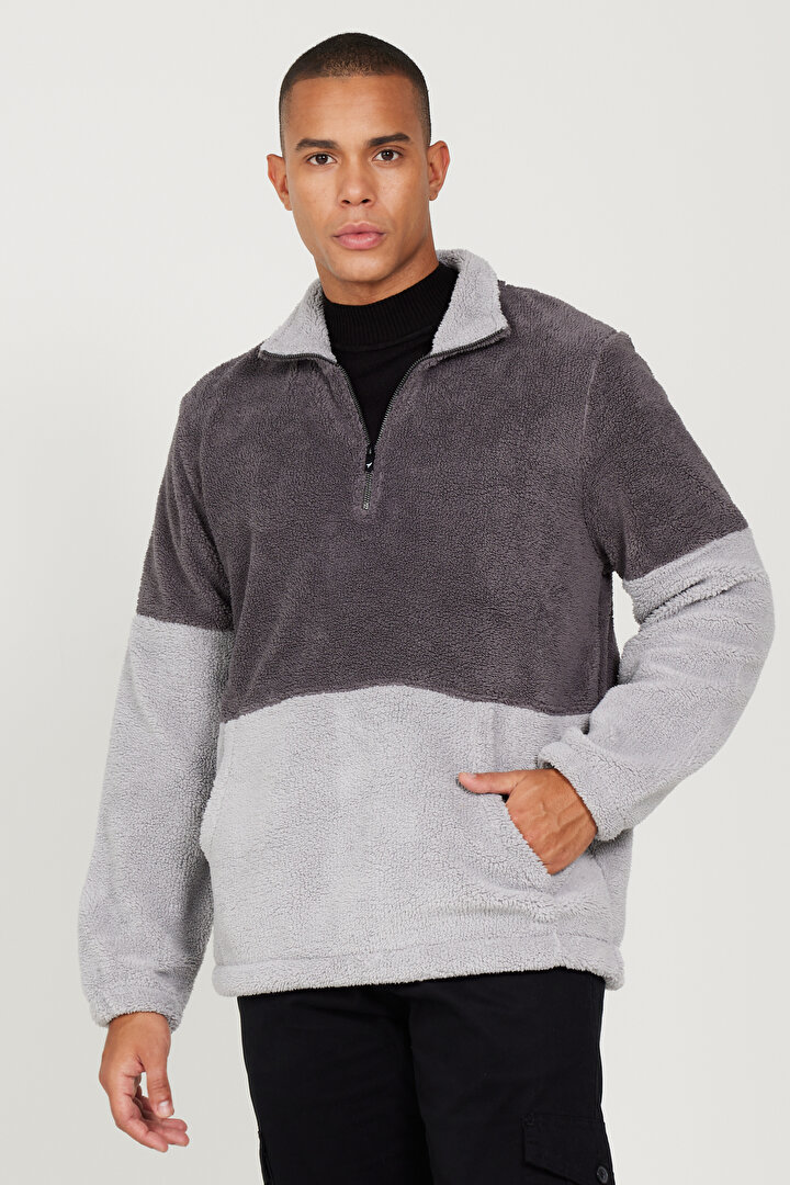 Standart Fit Normal Kesim Bato Yaka Kanguru Cepli Çift Renkli Sherpa Sweatshirt Açık Melanj-Gri Melanj Polar -1