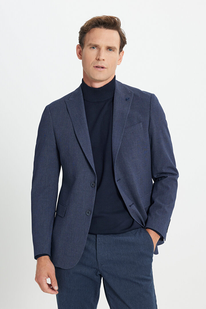 Slim Fit Dar Kesim Kırlangıç Yaka Ekose Desenli Lacivert Ceket -1