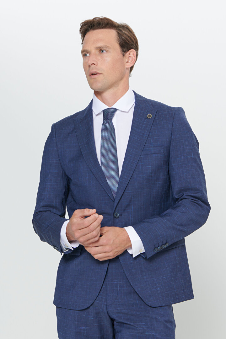 Slim Fit Dar Kesim Kırlangıç Yaka %100 Yün Desenli Lacivert Takım Elbise - 1
