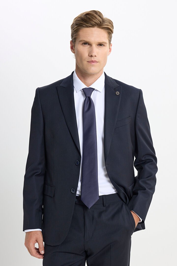 Slim Fit Dar Kesim Kırlangıç Yaka %100 Yün Çizgili Lacivert-Gri Takım Elbise - 1