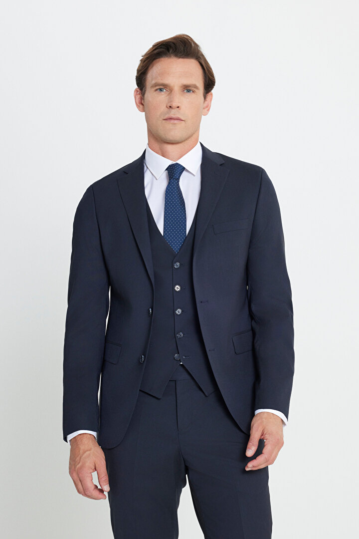Slim Fit Dar Kesim Mono Yaka Yünlü Yelekli Lacivert Yelekli Takım Elbise -1