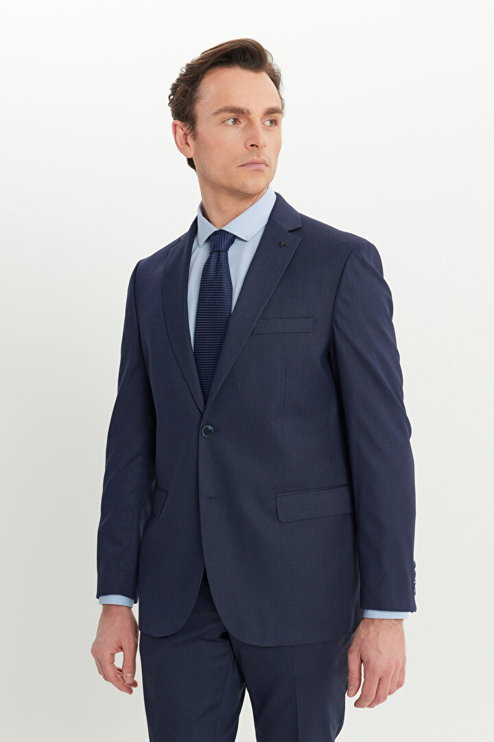 Slim Fit Dar Kesim Mono Yaka Kapak Cepli Desenli Esnek Lacivert Takım Elbise - 1