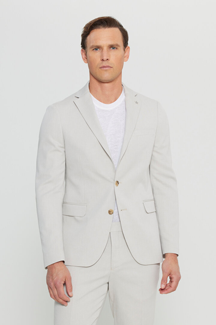 Pamuklu Slim Fit Dar Kesim Mono Yaka Diagonal Desenli Kapak Cepli Bej Takım Elbise -1