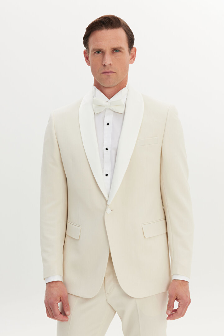 Slim Fit Dar Kesim Çıkma Şal Yaka Kapak Cepli Esnek Damatlık Ekru Smokin Takım -1