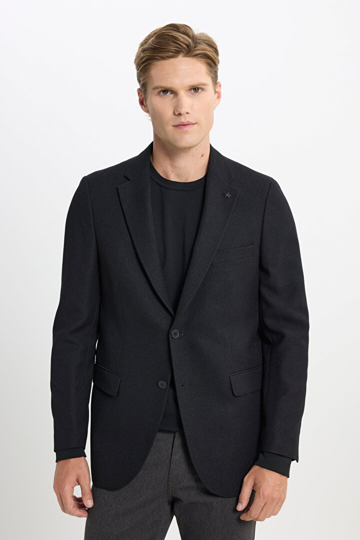 Regular Fit Normal Kesim Diagonal Desenli Blazer Siyah Ceket - 1