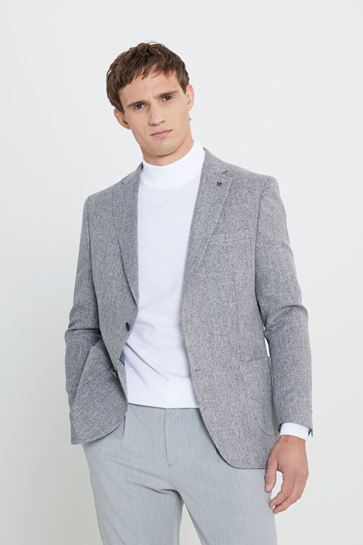 Slim Fit Dar Kesim Mono Yaka Desenli Torba Cepli Gri Ceket -1