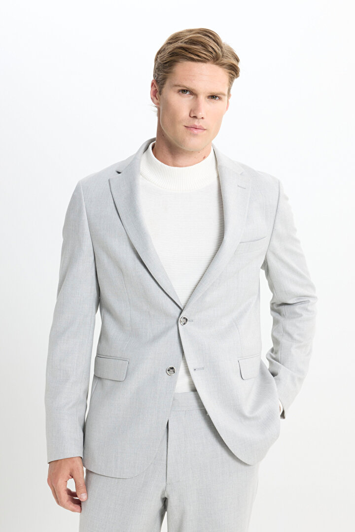 Slim Fit Dar Kesim Mono Yaka Çizgili Kapak Cepli Açık Gri Takım Elbise -1
